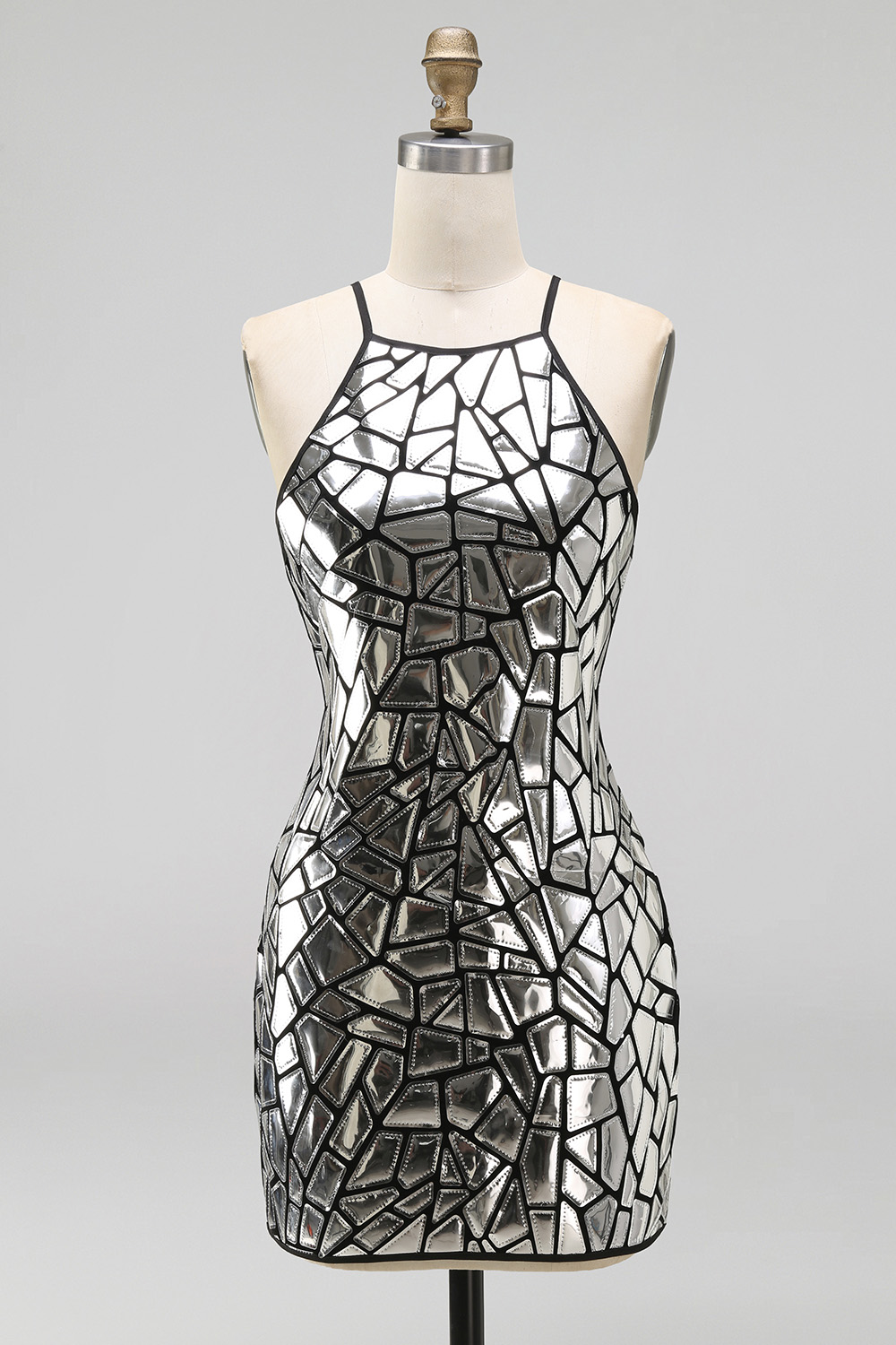 Sparkly Silver Tight Halter Mirror Homecoming Dress