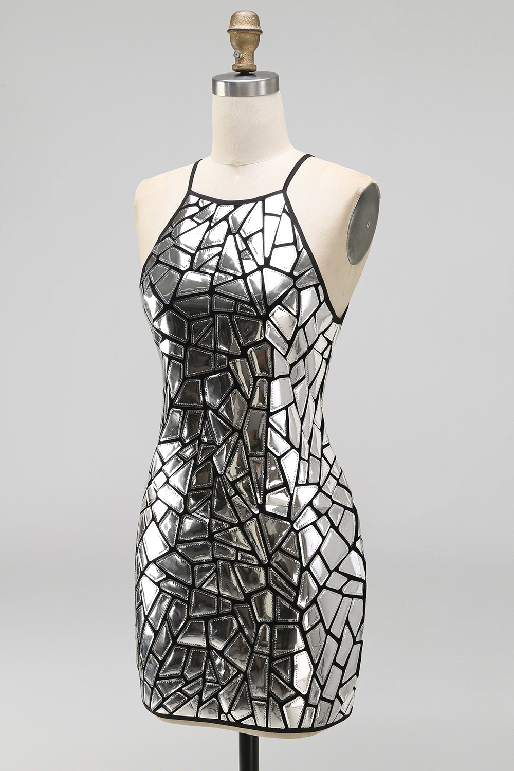Sparkly Silver Tight Halter Mirror Homecoming Dress
