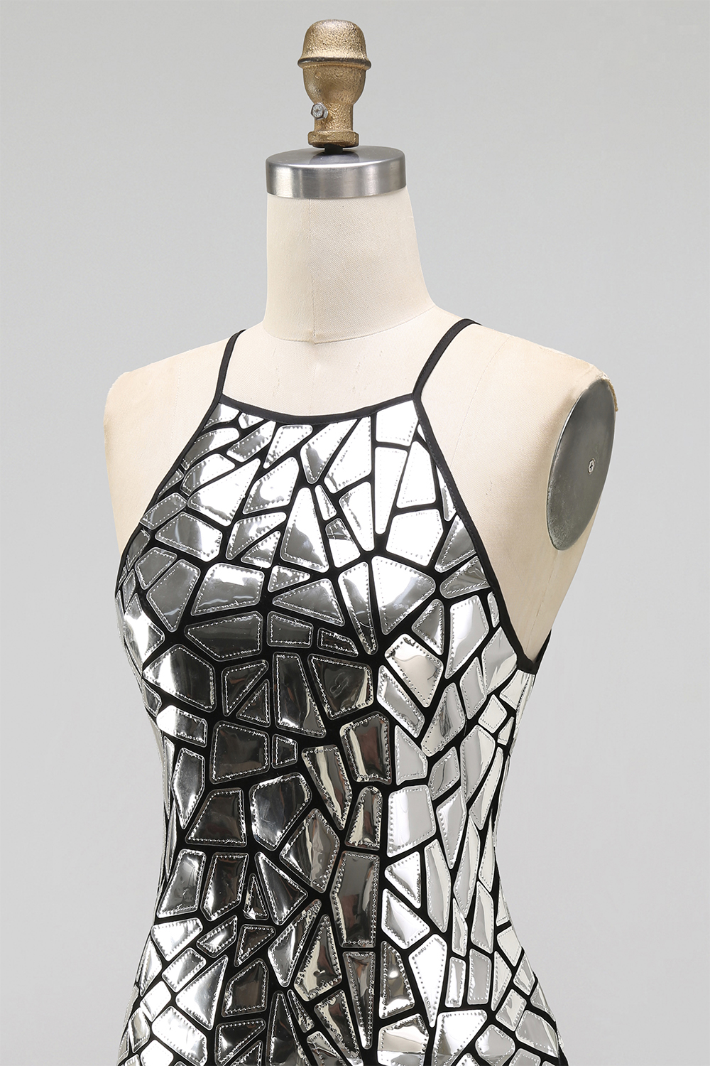 Sparkly Silver Tight Halter Mirror Homecoming Dress