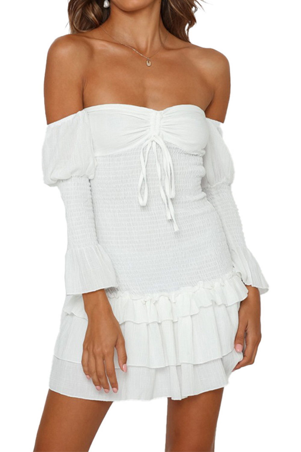 Bodycon Pleated Off The Shoulder Long Sleeves Little White Dresss