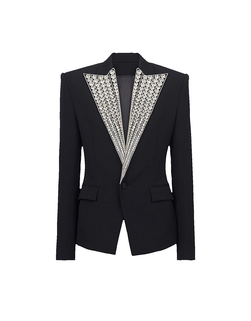 Sparkly Black Rhinestones Peak Lapel Women Party Blazer