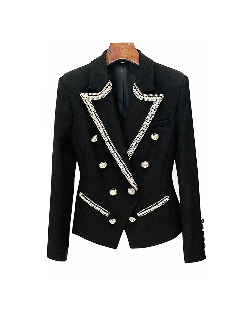 Sparkly Black Rhinestones Peak Lapel Buttons Women Party Blazer