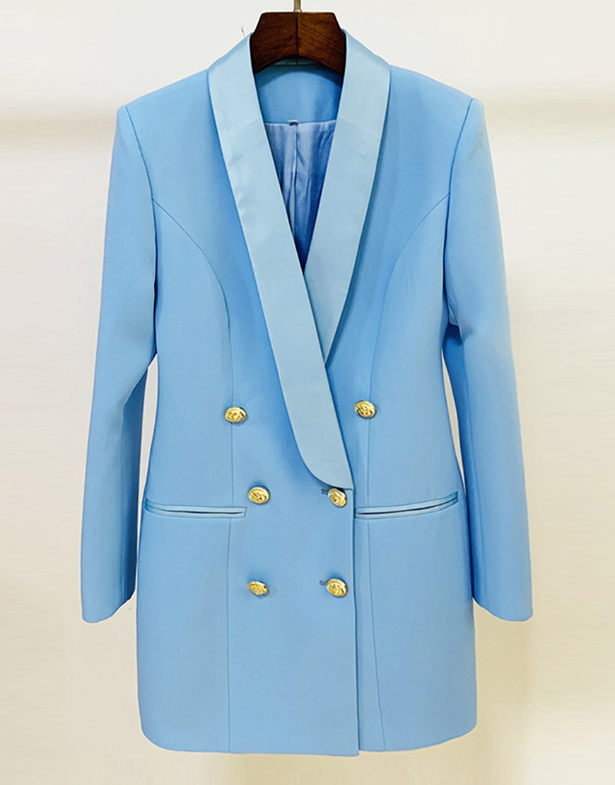Blue Shawl Lapel Buttons Women Party Blazer