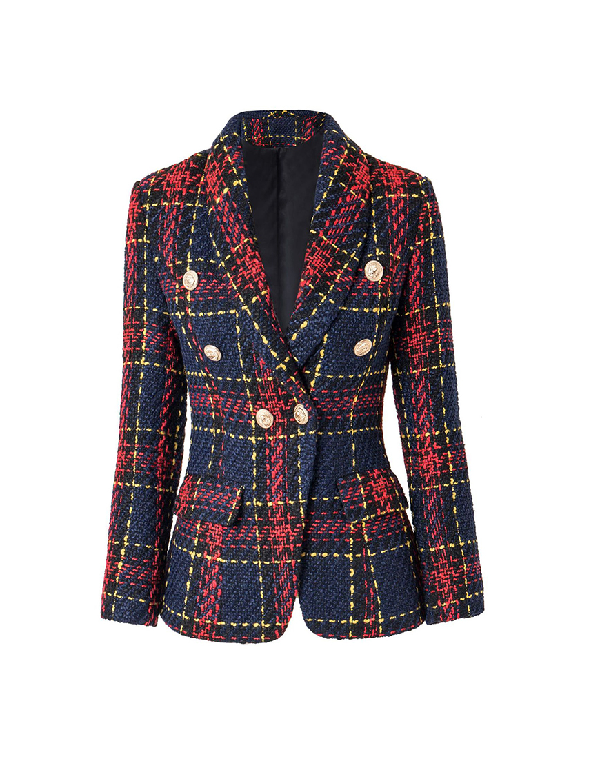 Blue Red Plaid Shawl Lapel Tweed Women Party Blazer