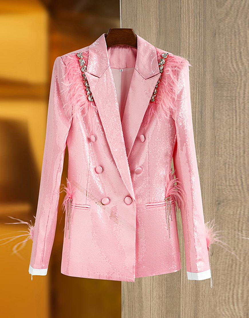 Sparkly Pink Peak Lapel Feathers Rhinestones Tassels Women Party Blazer