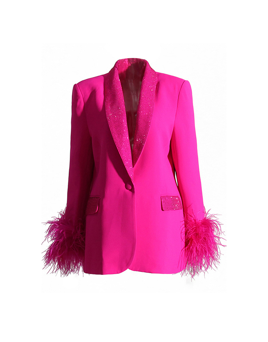 Sparkly Fuchsia Beaded Feather Shawl Lapel Women Party Blazer