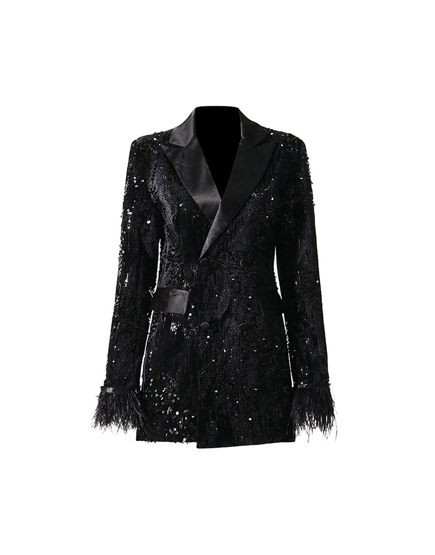 Sparkly Black Sequins Feather Peak Lapel Women Party Blazer