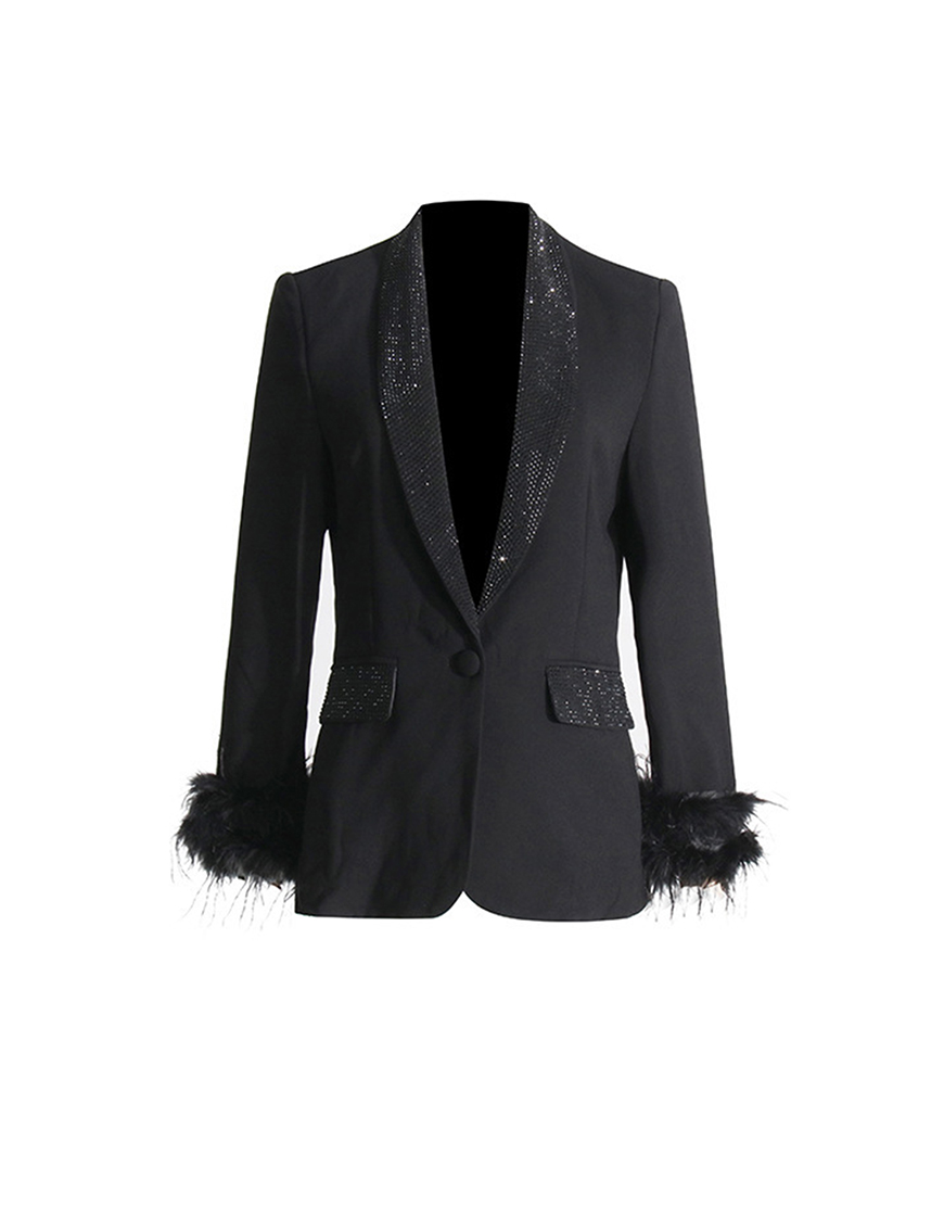 Sparkly Black Beaded Shawl Lapel Feather Women Party Blazer