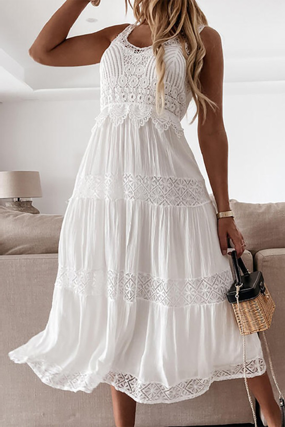  Boho A-Line Tea-length White Lace Beach Holiday Dress