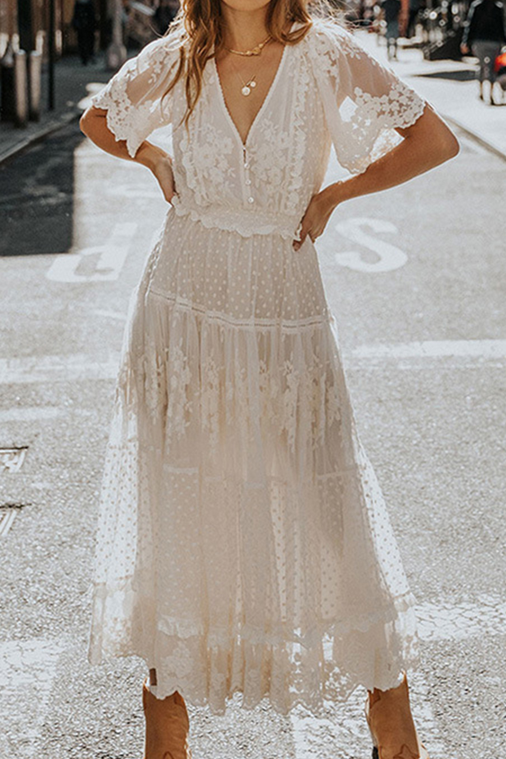 White A Line Short Sleeves Boho Lace Engagement Party Dress