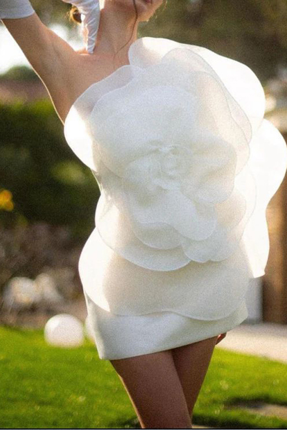 Mermaid One Shoulder White Mini Dress With Big Flower