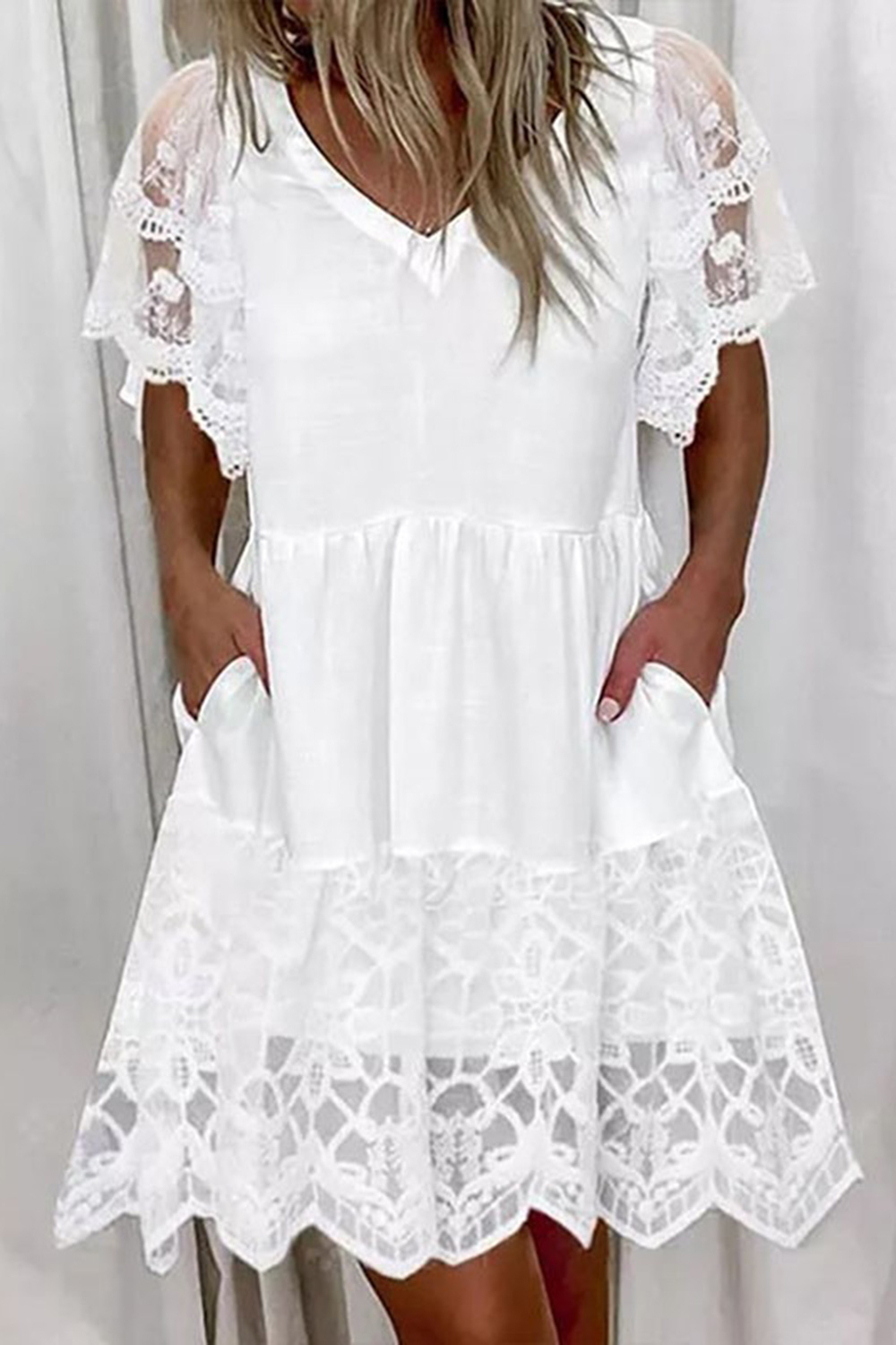 A-Line Short Sleeves White Mini Graduation Dress With Lace