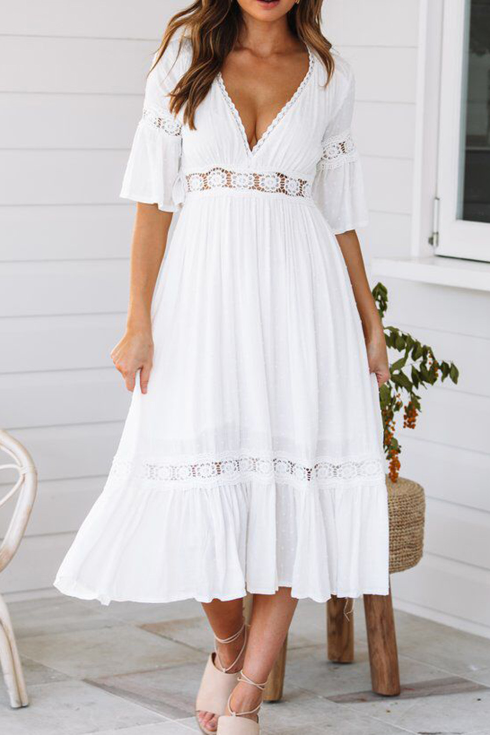 Boho A-Line V-Neck Short Sleeves White Beach Vacation Dress