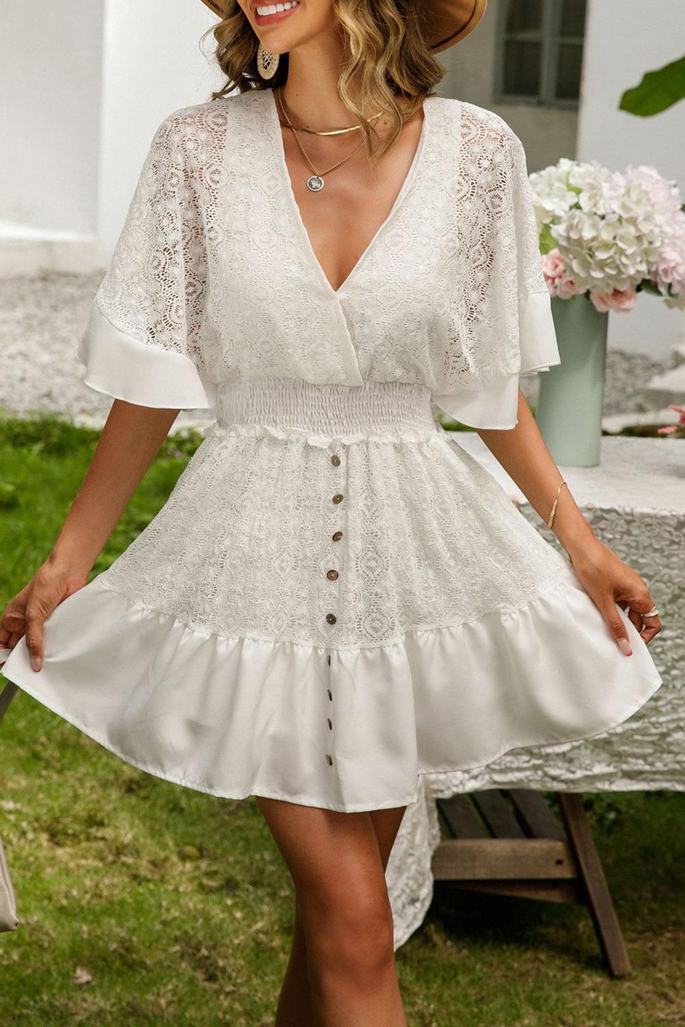 Boho V-Neck Short Sleeves White Mini Summer Dress With Buttons