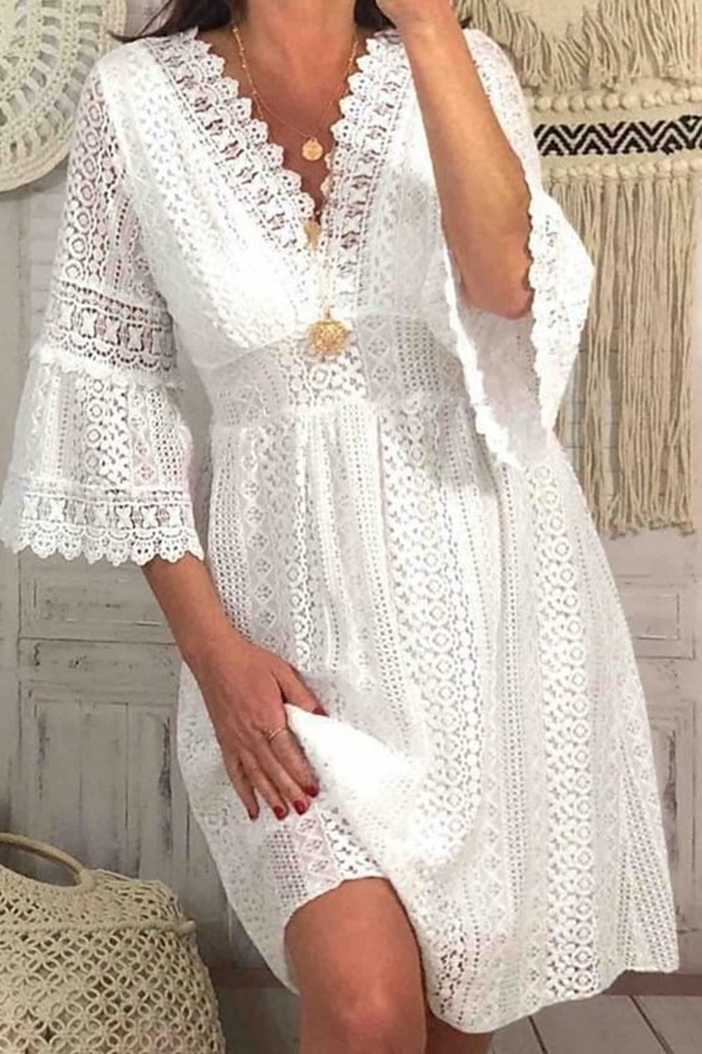 Boho V-Neck Knee Length White Lace Summer Dress 