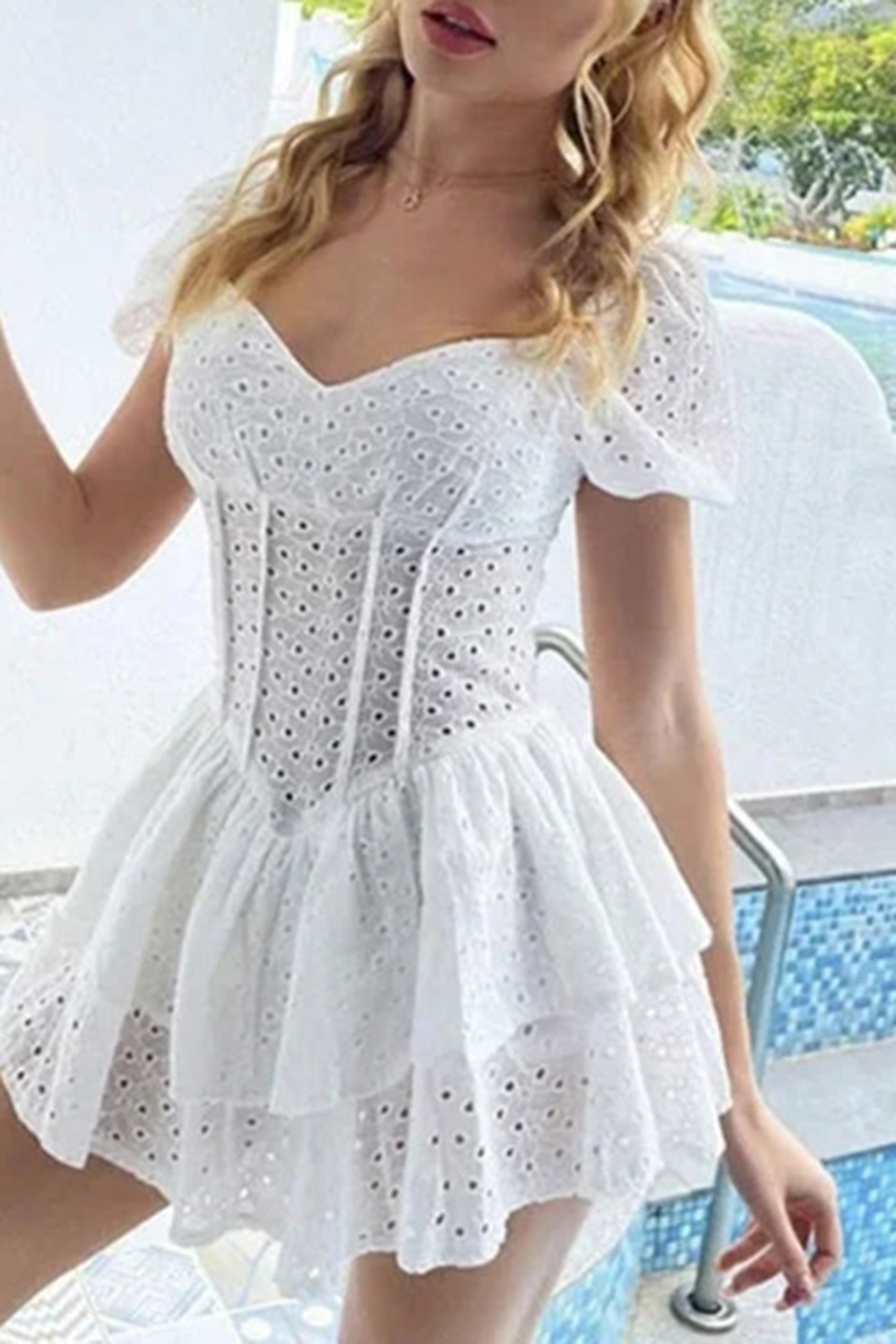 Pretty A-Line Short Sleeves Mini White Tiered Summer Dress