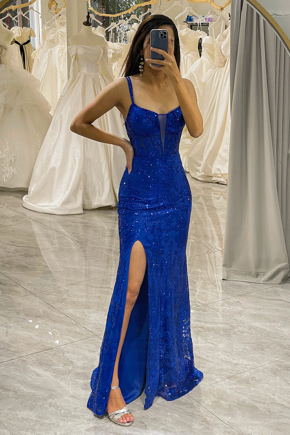 Berlinnova Glitter Royal Blue Spaghetti Straps Long Corset Prom Dress ...