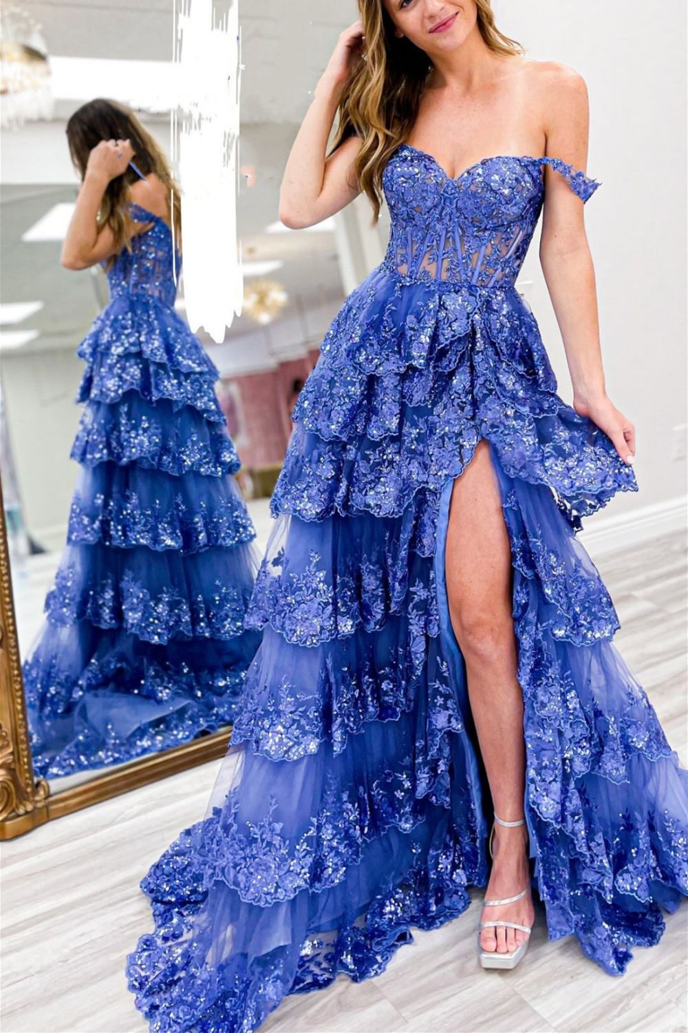 Stunning Glitter A-Line Off The Shoulder Long Tiered Prom Dress With Split
