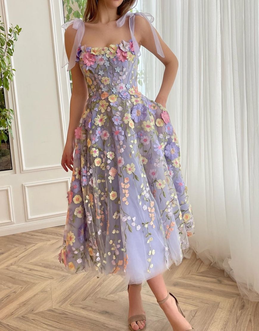Charming A-Line Tea Length Party Dress With Embroidery Flowers