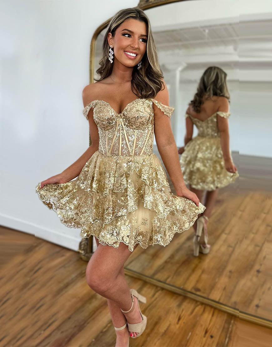 Stunning A-Line Off The Shoulder Tiered Glitter Homecoming Dress With Appliques