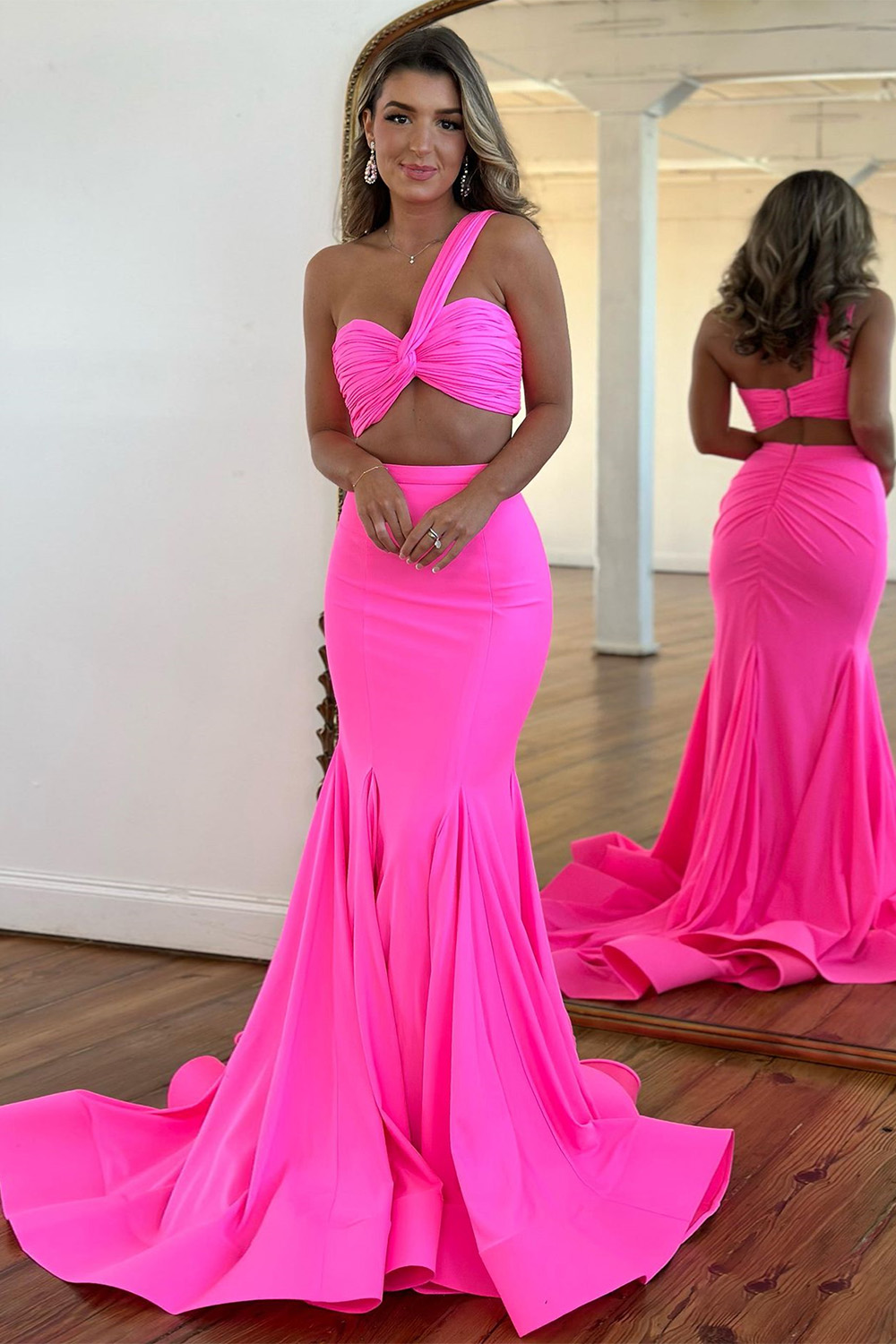 Cute Pink Satin One Shoulder Cutout Waist Long Mermaid Prom Dress