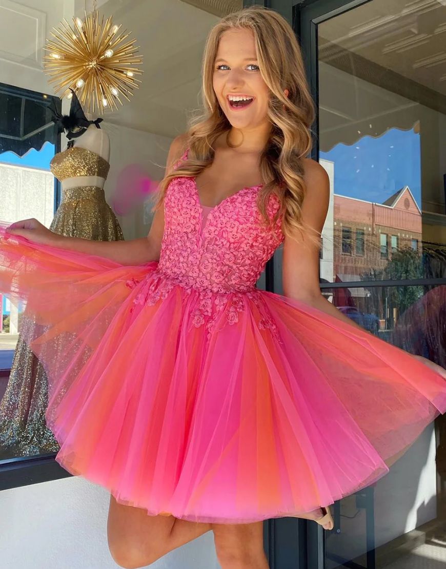 Cute A-Line Hot Pink Short Tulle Homecoming Dress with Appliques