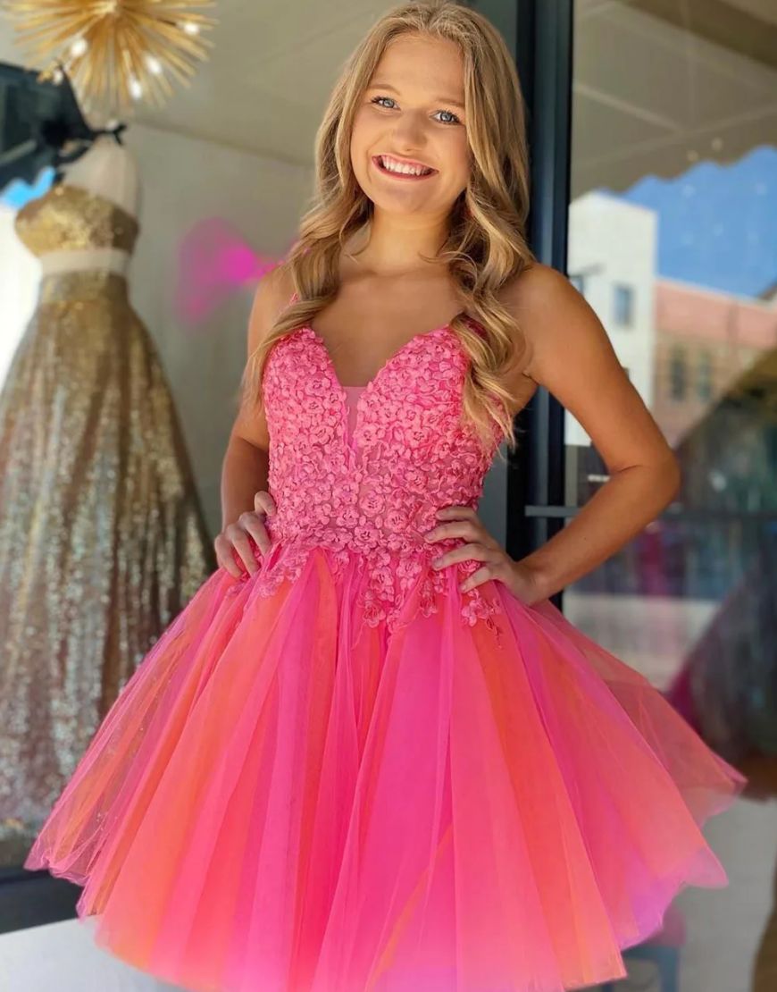 Cute A-Line Hot Pink Short Tulle Homecoming Dress with Appliques