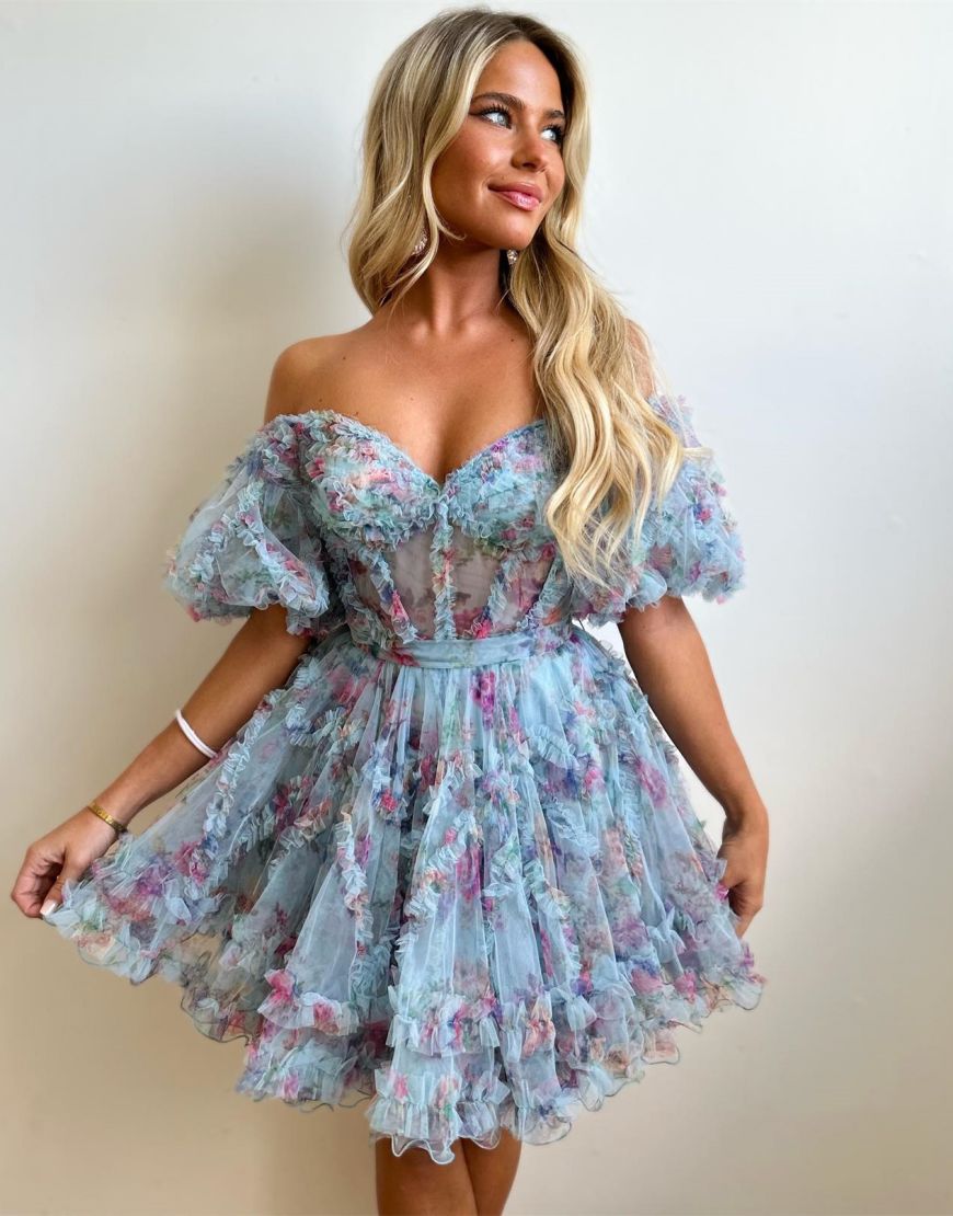 Cute A-Line Off The Shoulder Short Tulle Print Homecoming Dress