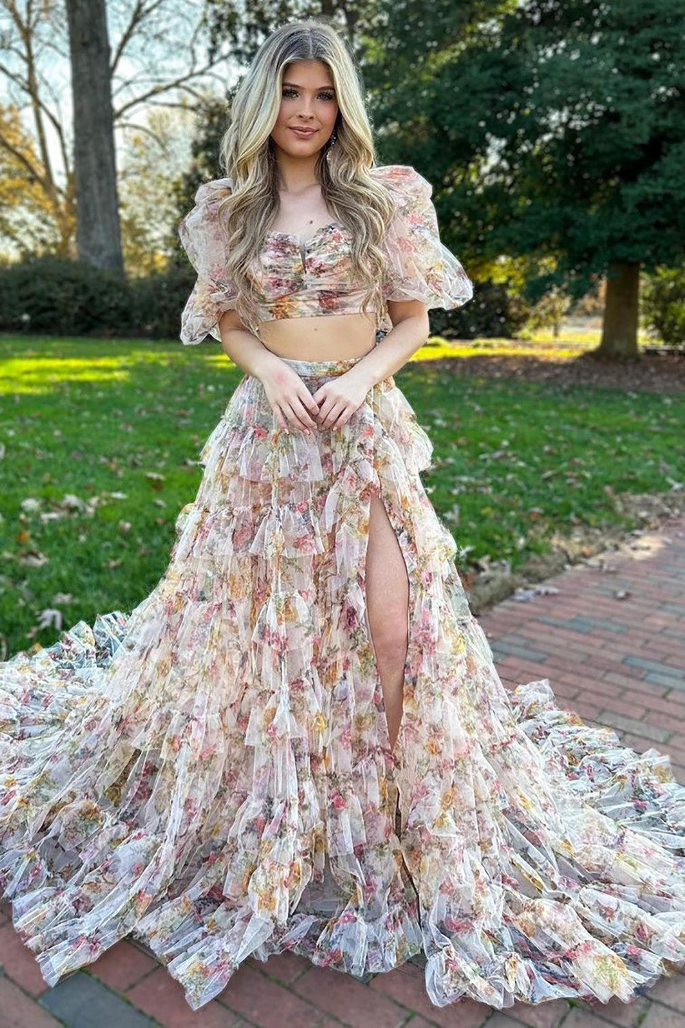 Cute A-Line Two Pieces Square Neck Long Print Tulle Prom Dress With Split