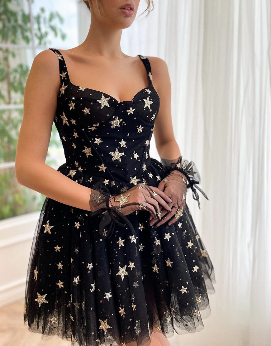 Cute Black A-Line Straps Homecoming Dress With Stars