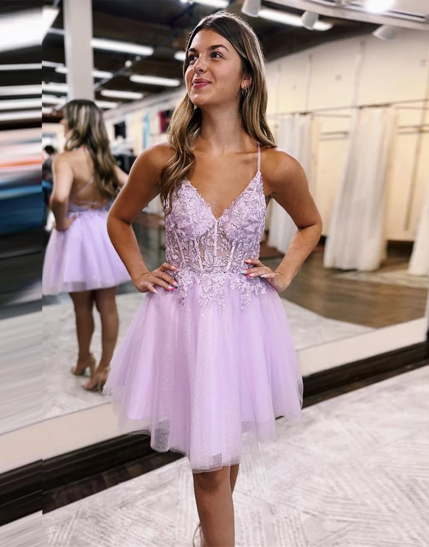 Cute Lilac A-Line Lace Up Tulle Homecoming Dress With Appliques