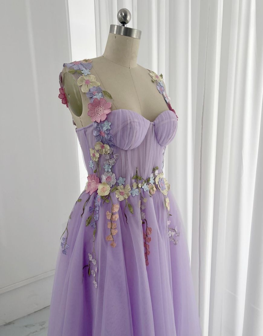 Cute Lilac A-Line Midi Homecoming Dress With Embroidery Flowers