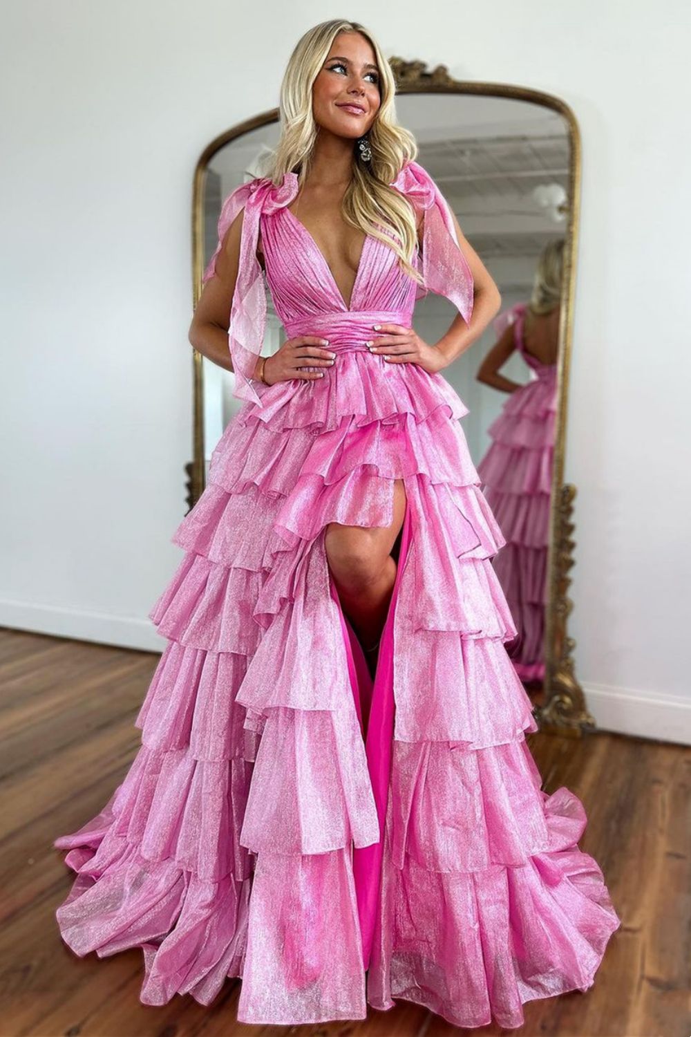 Trendy Pink A-Line Deep V-Neck Long Tiered Prom Dress With Split