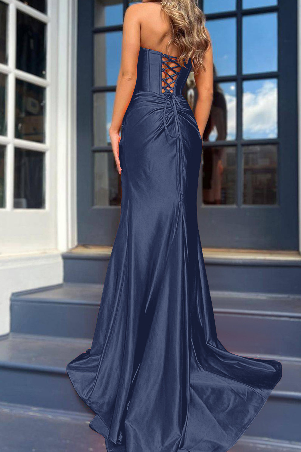 Mermaid Satin Strapless Lace Up Long Prom Dress With Slit