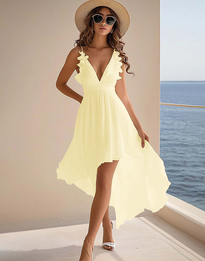 White A Line Chiffon High Low Graduation Dress with Ruffles