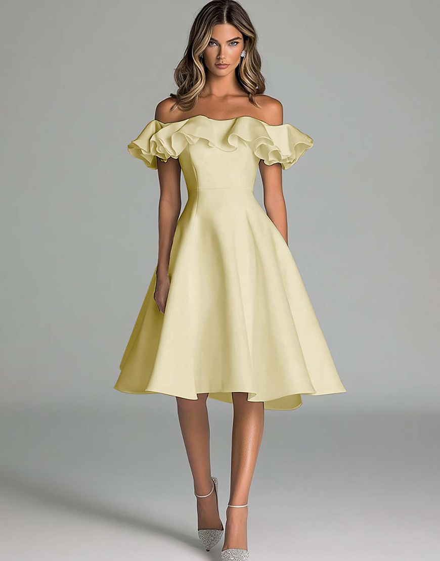 A Line Satin Off the Shoulder Little White Graduation Dress with Ruffles