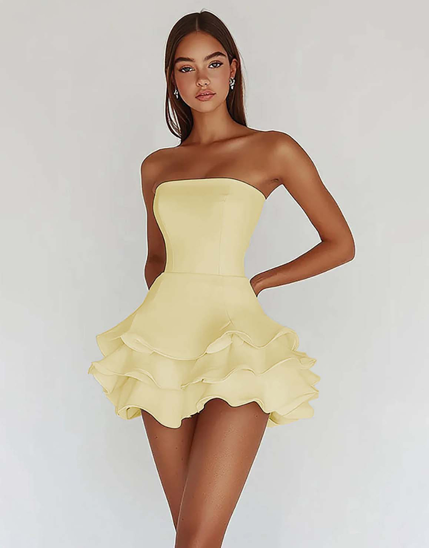 Satin A Line Strapless Little White Graduation Dress with Ruffles
