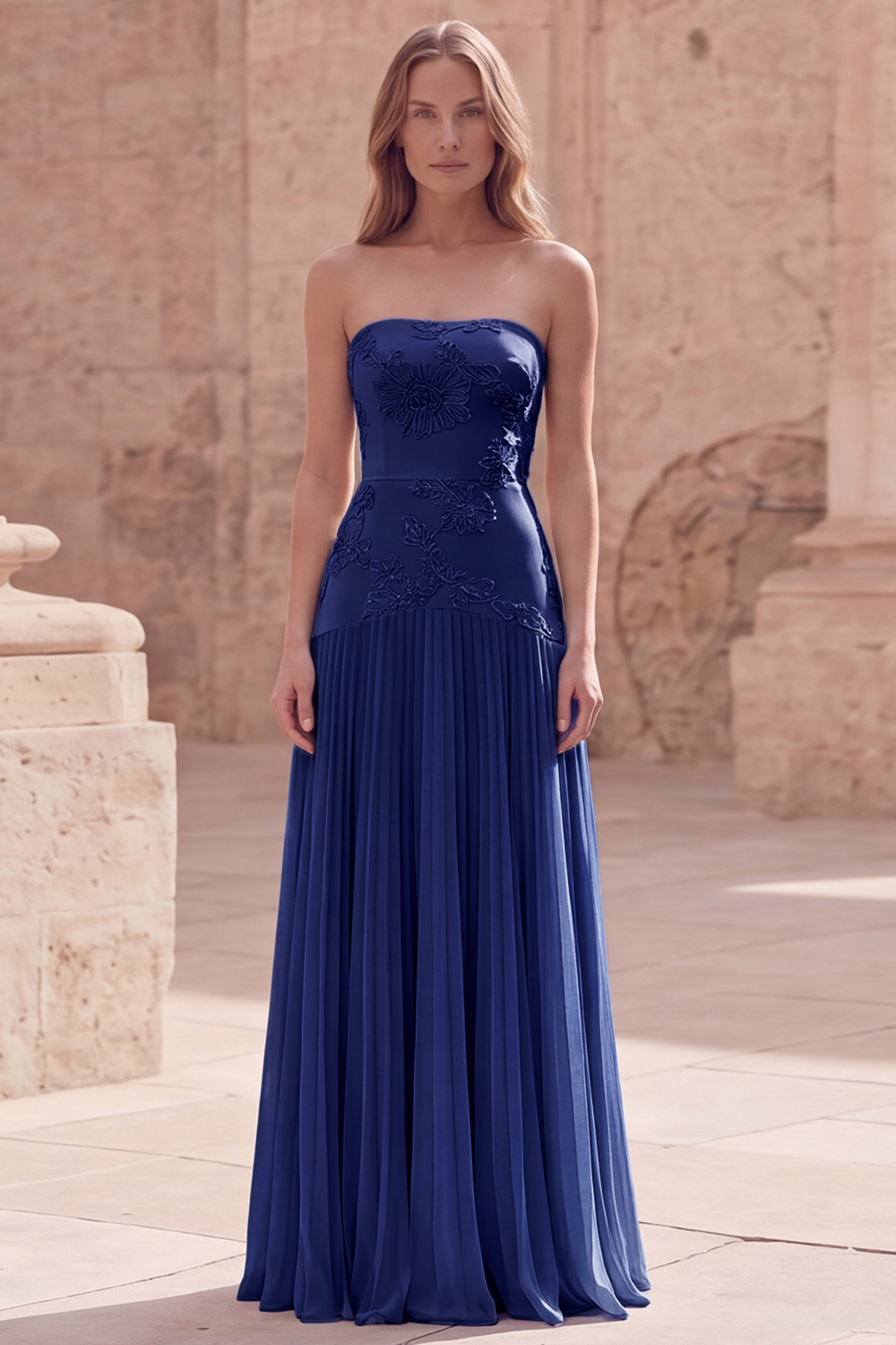 Strapless Yellow Appliqued A Line Long Prom Dress with Pleats