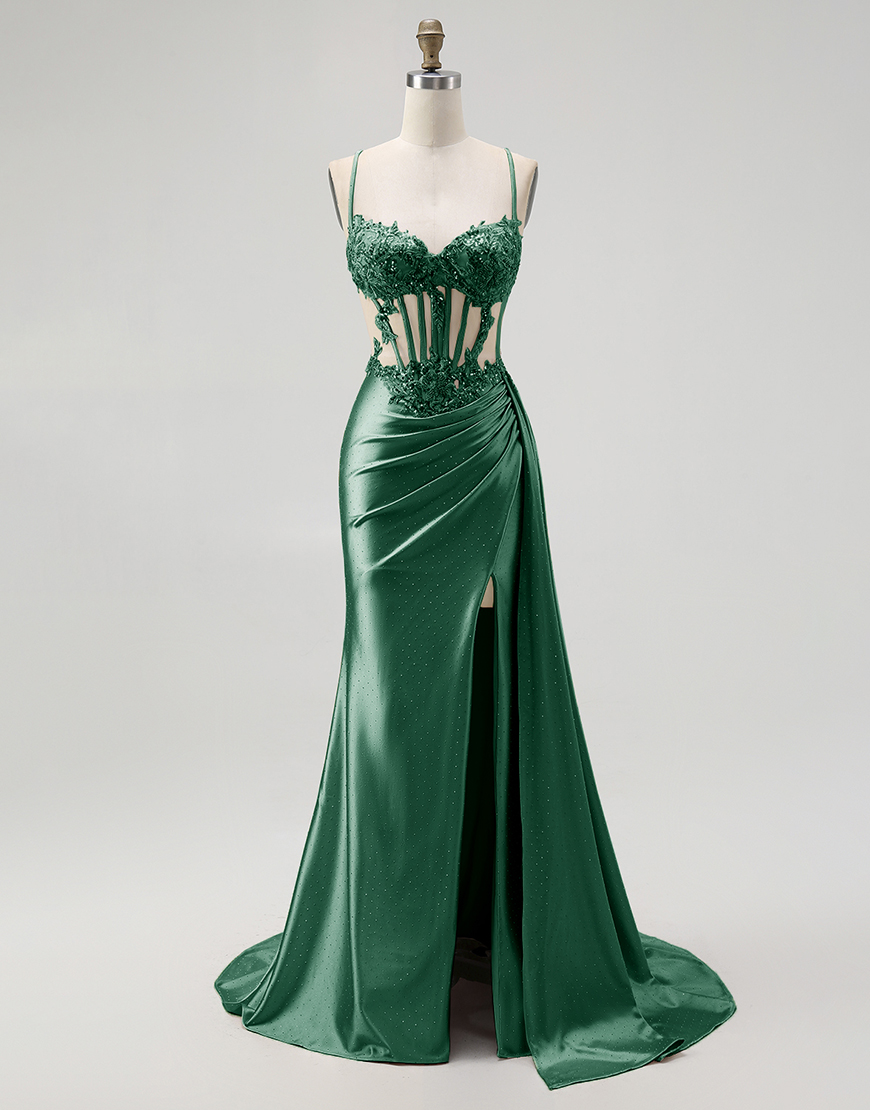 Sparkly Champagne Mermaid Spaghetti Straps Satin Long Prom Dress with Beading