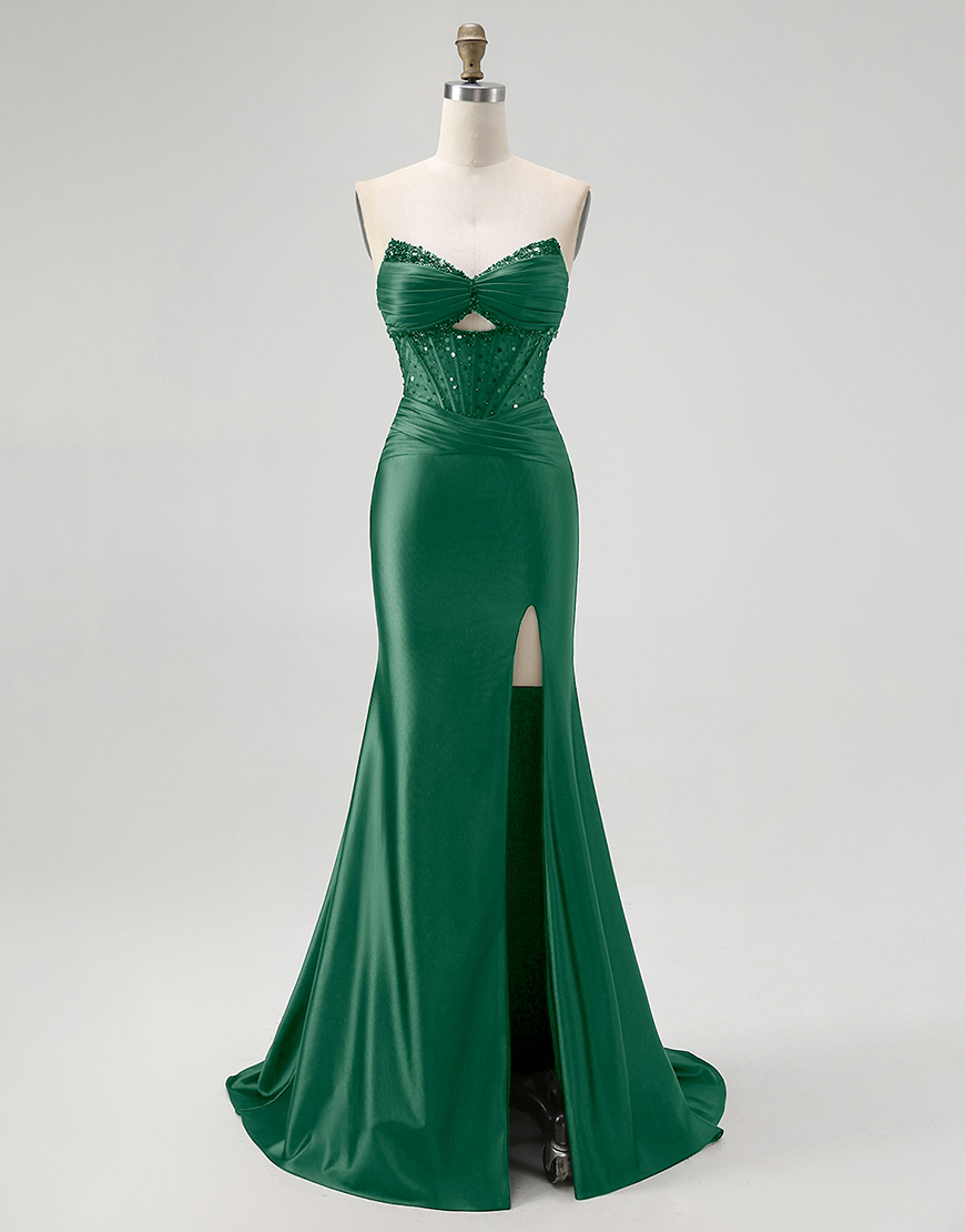 Sparkly Black Mermaid Sweetheart Long Satin Corset Prom Dress with Beading