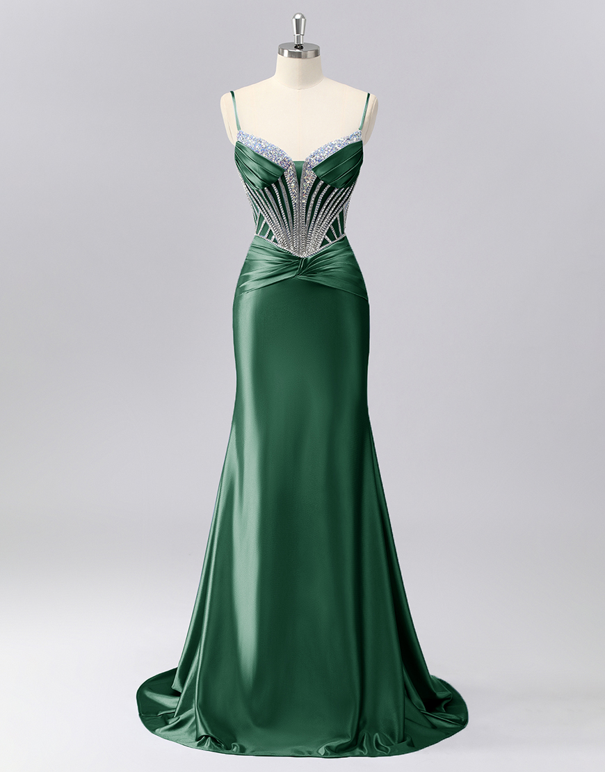 Sparkly Grey Blue Spaghetti Straps Mermaid Long Prom Dress with Beading