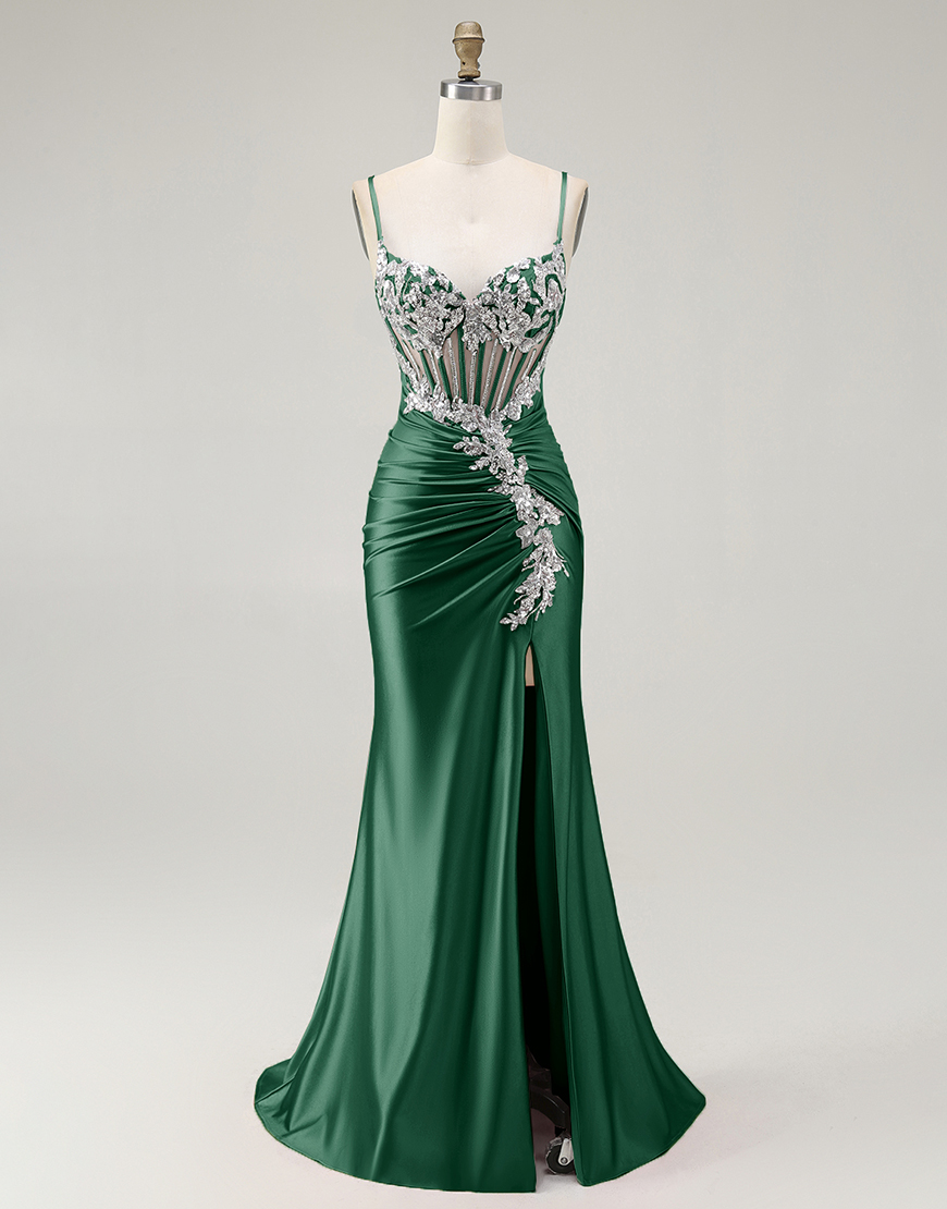 Sparkly Grey Pink Mermaid Satin Corset Long Prom Dress with Slit