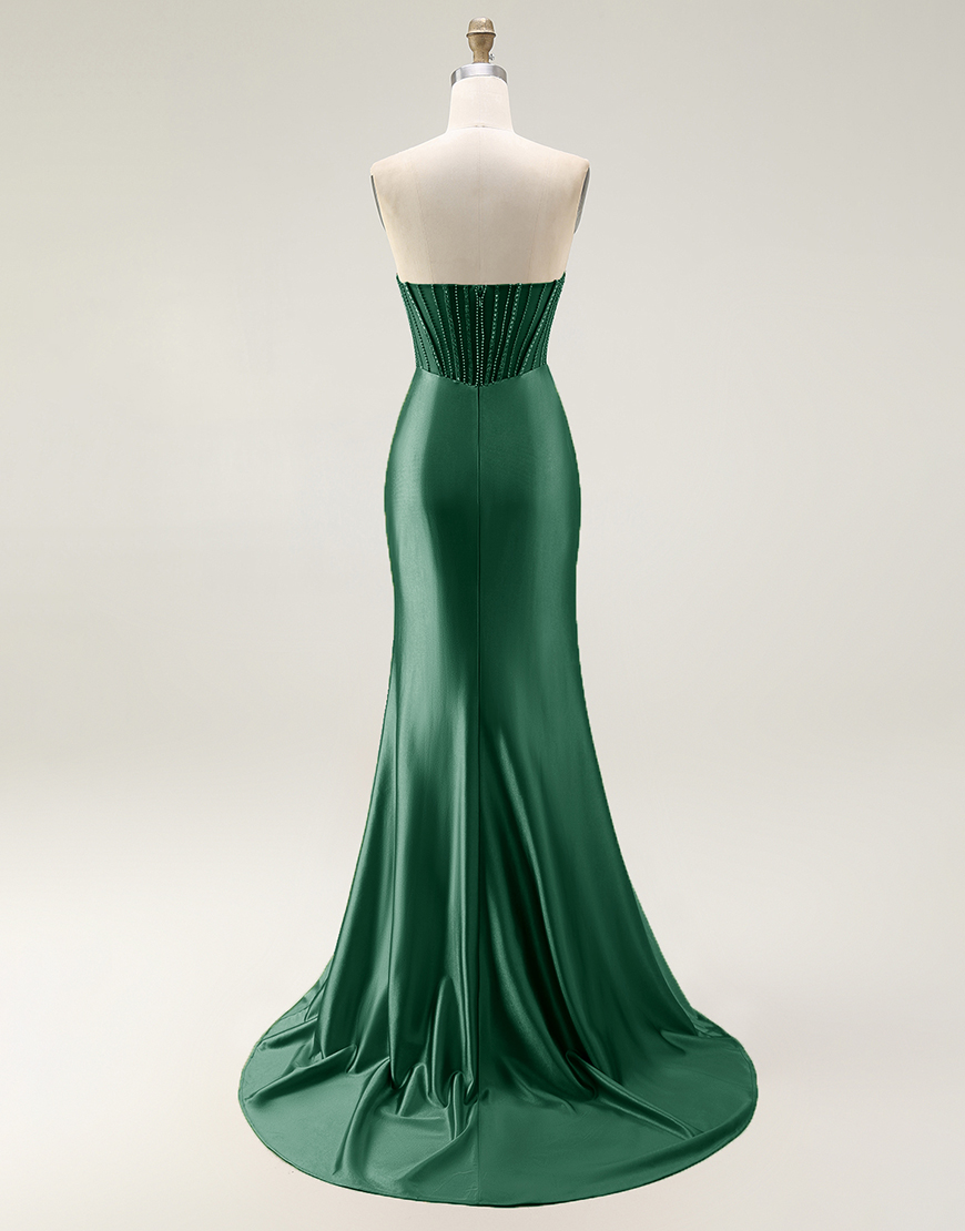 Sparkly Mermaid Blush Strapless Ruched Long Prom Dress with Slit