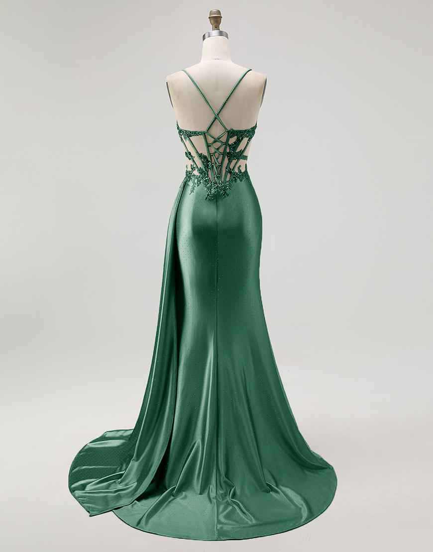 Sparkly Champagne Mermaid Spaghetti Straps Satin Long Prom Dress with Beading