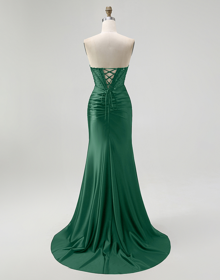 Sparkly Black Mermaid Sweetheart Long Satin Corset Prom Dress with Beading