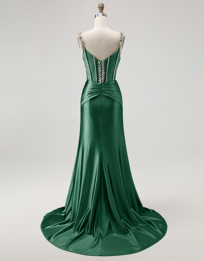 Sparkly Blush Mermaid Spaghetti Straps Long Corset Satin Prom Dress with Beading