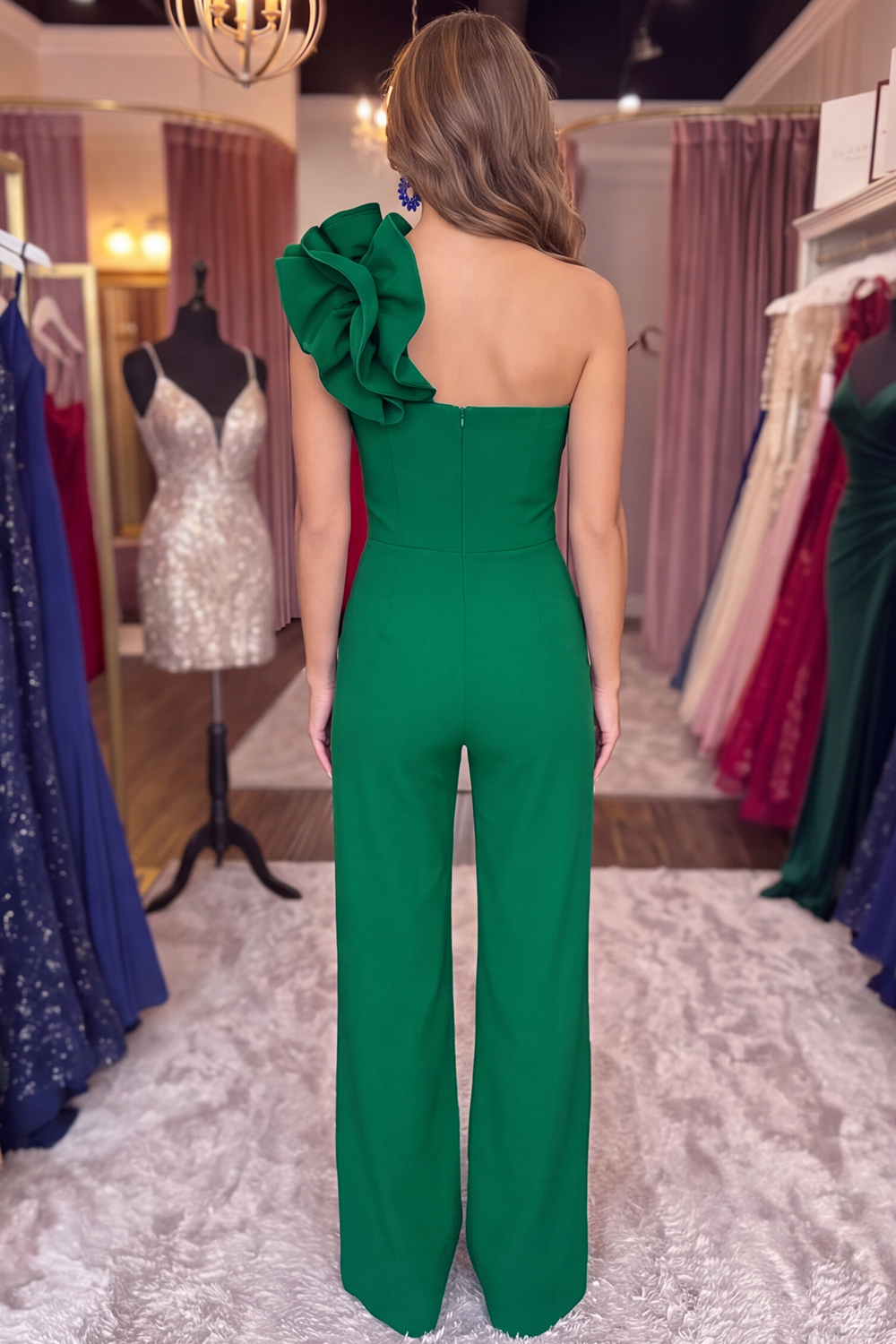 Royal Blue One Shoulder Simple Prom Jumpsuits with 3D Flower
