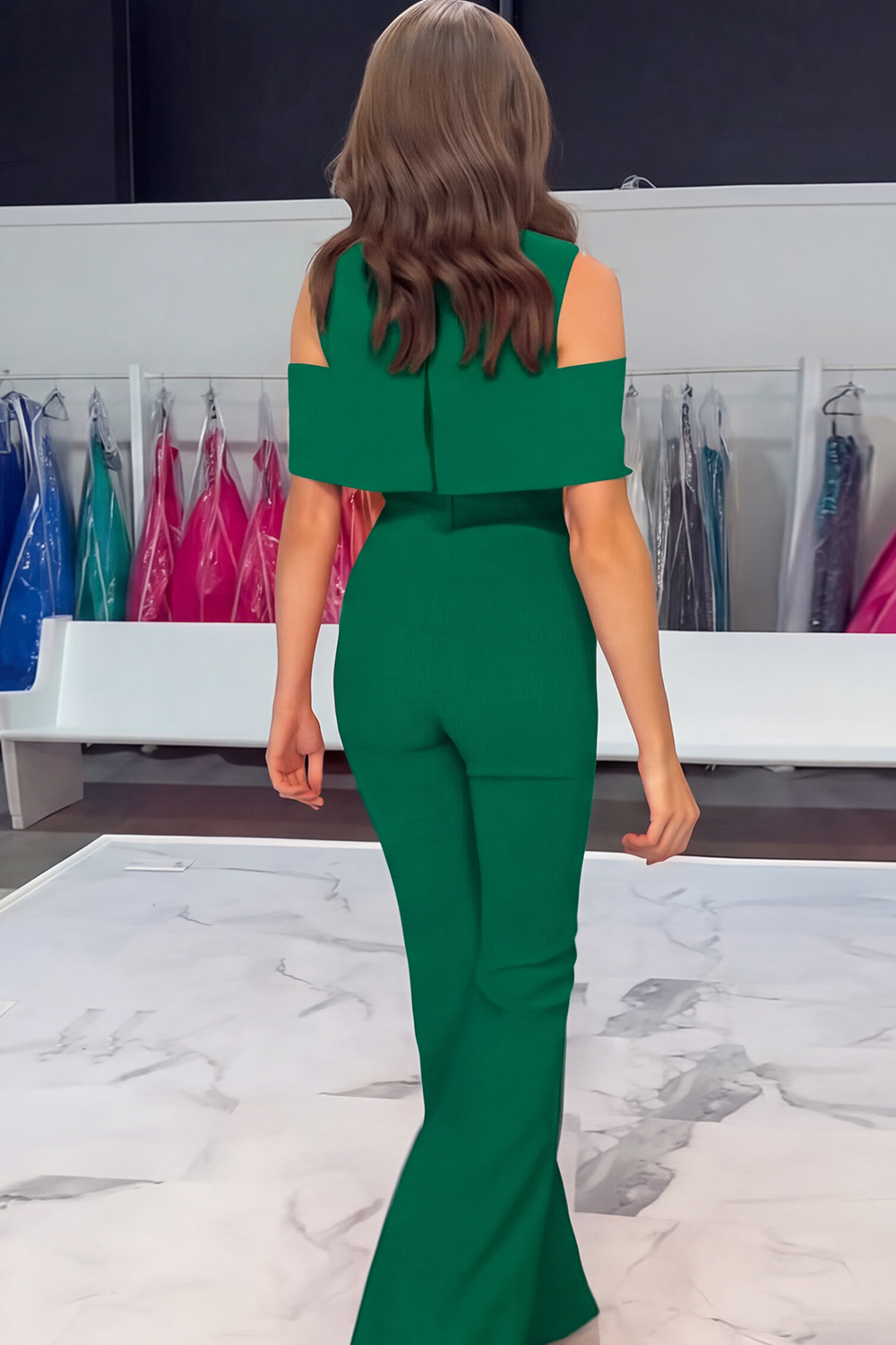 Red Cold Shoulder Tight Satin Long Homecoming Jumpsuits