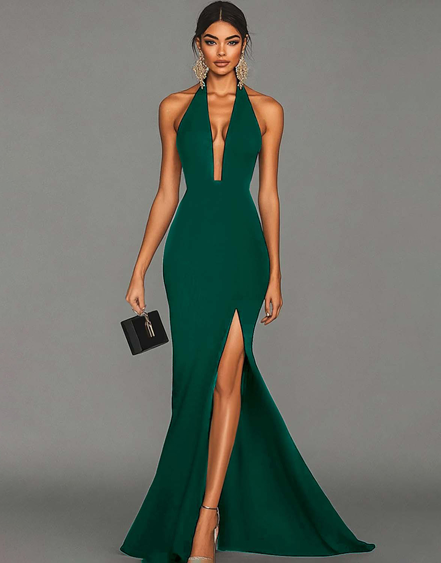 Dark Green V-Neck Satin Mermaid Long Formal Dress with Slit