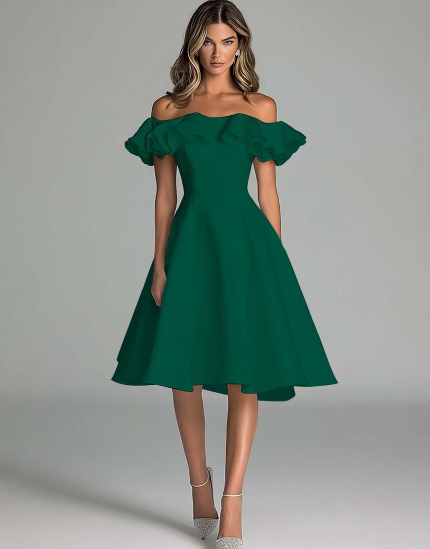 A Line Satin Off the Shoulder Little White Graduation Dress with Ruffles